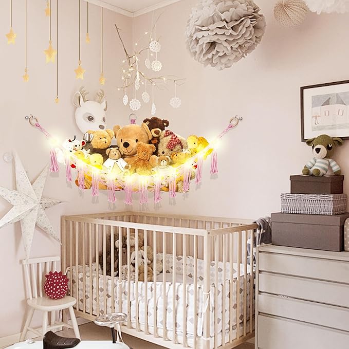 Stuffed Animal Hammock with LED Light, Large Stuffed Animals Storage Corner Plushie Net for Kids Room Decor, Pink