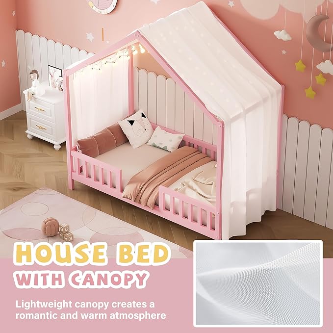Bellemave Twin House BedFrame with Canopy, Montessori Floor Bed, House Bed with Rails for Kids, Pink