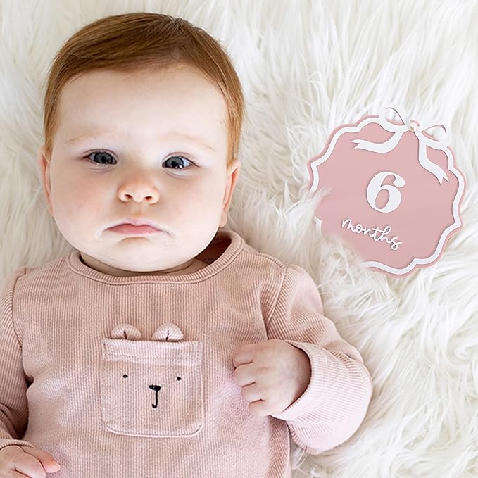 Pink Acrylic 1 to 12 Months Milestone Cards - Little Princess First Year Photo Props,Double Sided Monthly Growth Record Sign,Newborn 1st Birthday Milestone Board,Bow Nursery Decorations