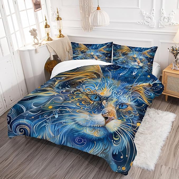 Cat Comforter Set Queen: Blue Maine Coon Bedding Set Mysterious Exotic Kitten Quilts for Women Men Tween Adults Ethnic Pet Bed Set 3 Piece with 1 Comforter & 2 Pillowcases