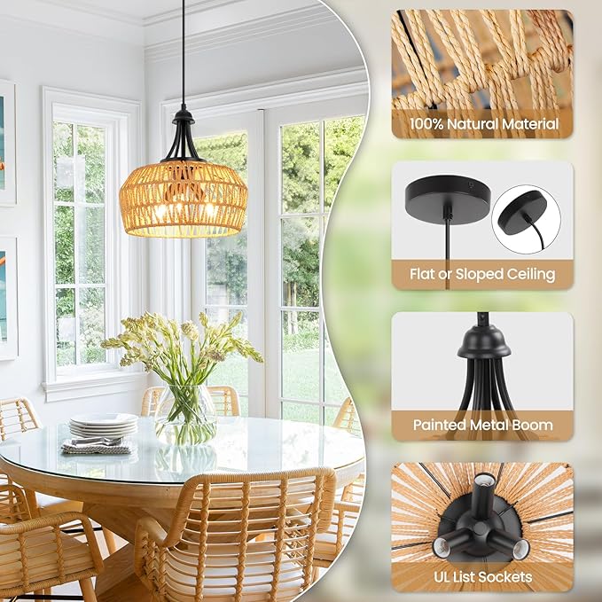Rattan Pendant Light, 13'' Rattan Chandeliers for Dining Room, Farmhouse Chandelier Light Fixture,Hand Woven Lampshade, Rustic Chandeliers Hanging Light Fixtures for Kitchen Island,Bedroom,Hallway