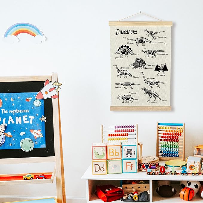 BCUANGD Dinosaur Dino Skeleton Wall Decor - Baby Toddler Boys Room Wall Art Poster Hanger with Wood Frames, Inspirational Wall Hanging Canvas Decor for Kids Room Playroom Nursery Bedroom, 12x16 Inches