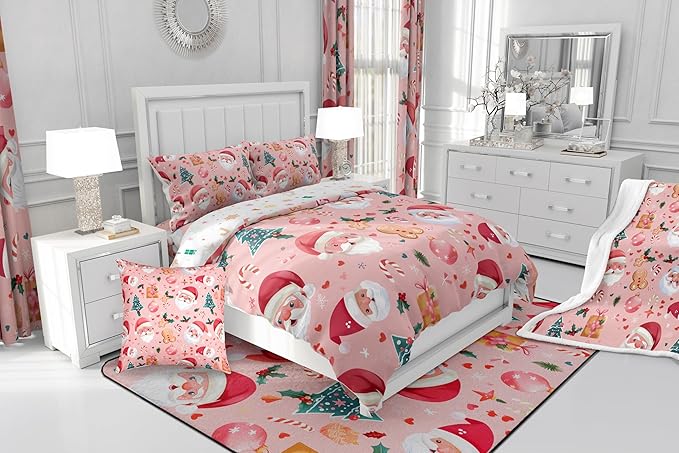 Feelyou Christmas Bedding Set Pink Christmas Duvet Cover Set for Kids Boys Girls Cookies Comforter Cover Christmas Tree Quilt Cover Bedroom Collection 3Pcs Full Size,No Comforter