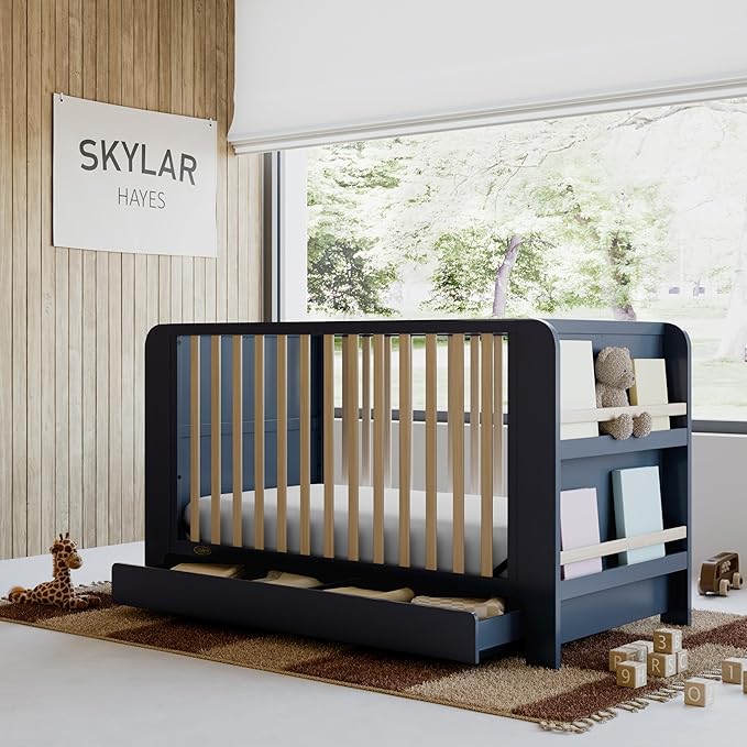 Graco Read-with-Me 4-in-1 Convertible Crib with Drawer (Midnight Blue with Driftwood) - GREENGUARD Gold Certified Converts to Toddler Bed, Daybed, and Functional Bookshelves
