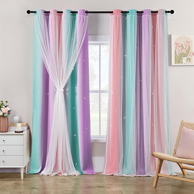 XiDi Curtains for Girls Bedroom 96 Inches Long Rainbow Kids Blackout Curtains for Nursery Room Darkening Rainbow Princess Unicorn Wall Decals Little Girl 2 Panels Set Pink Purple Green 62 Inches Wide