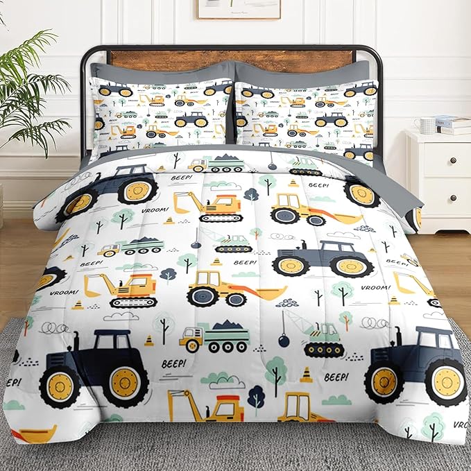 7 Pcs King Size Comforter Set with 2 Pillowcases & 2 Shams, Tractor Bedding for Kids and Adults, Construction Truck Bedding Set with Flat & Fitted Sheet