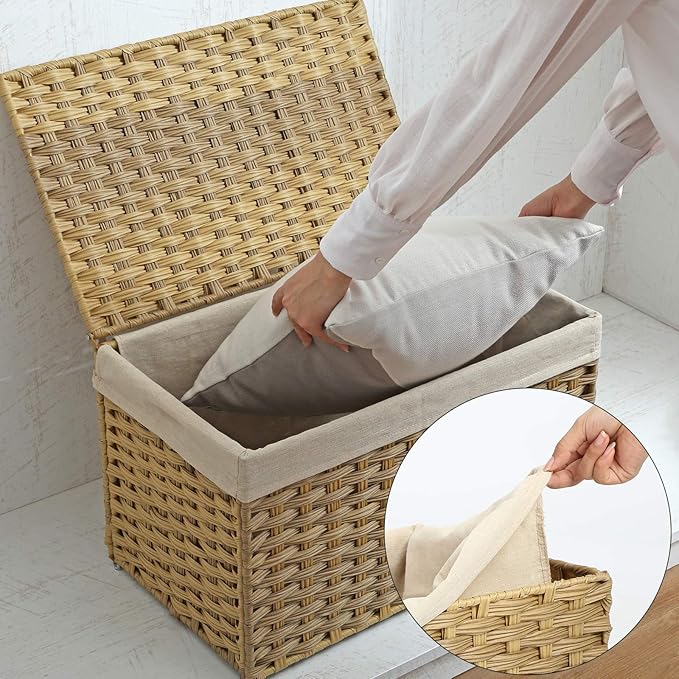 SONGMICS Storage Basket with Lid, 17.2 Gallon (65L) Storage Bin, Woven Blanket Storage Basket with Handles, Foldable, Removable Liner, Metal Frame, for Bedroom, Laundry Room, Natural URST56NL