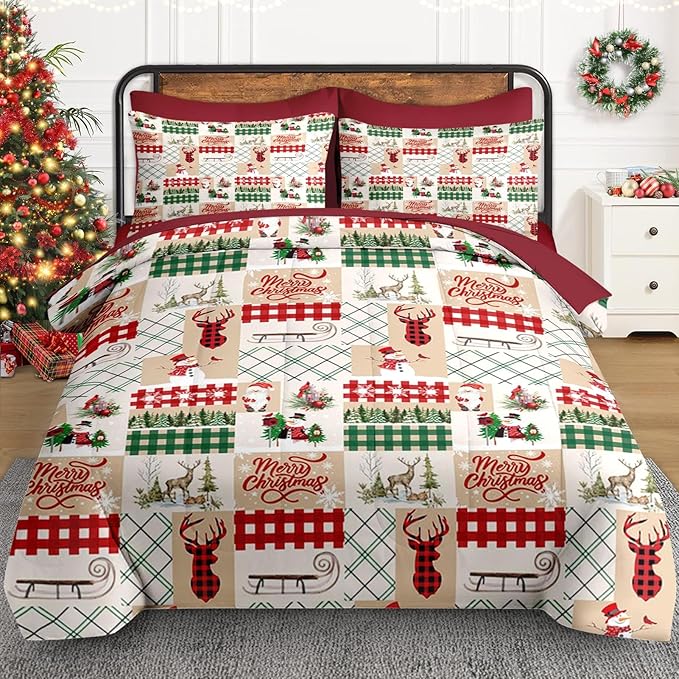 7 Pcs Queen Size Christmas Comforter Set with 2 Pillowcases & 2 Shams, Winter Xmas Plaid Bedding for Kids and Adults, Cute Snowman Reindeer Bed in a Bag with Flat Fitted Sheet