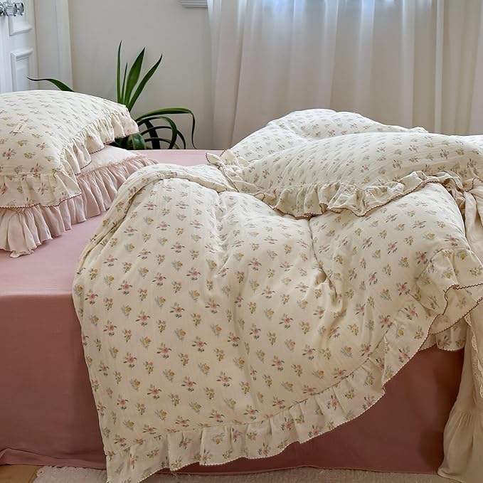 BuLuTu Cotton Muslin Duvet Cover Queen, Chic Shabby Azalea Floral Comforter Cover with Ruffles, Soft Breathable Gauze Quilt Covers for Kids Teens,90"x90", Zipper Closure, No Pillow