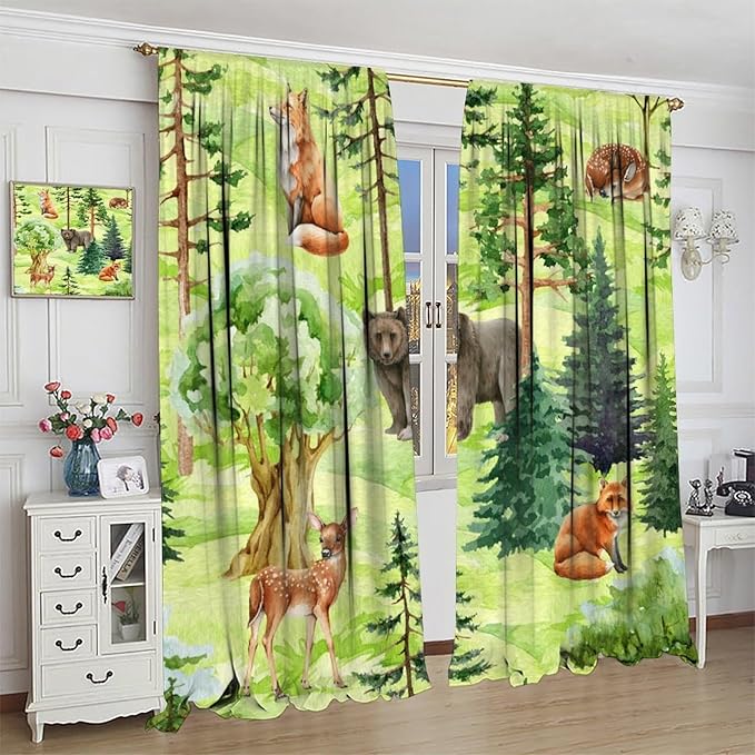 Woodland Animal Curtains, Watercolor Jungle Animals Fox Bear Pattern Blackout Window Treatments, Rod Pocket Thermal Insulated Drapes 2 Panel Sets for Kids Bedroom Nursery Classroom, 42" W X 45" L