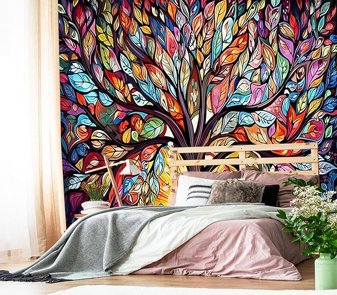 XMPMBM-Vintage Abstraction Art Forest backsplash Large Decorative Wallpaper Colorful Graffiti Tree Bedroom Bathroom Wall Mural- W 88" X H 59"（36 Square Foot）