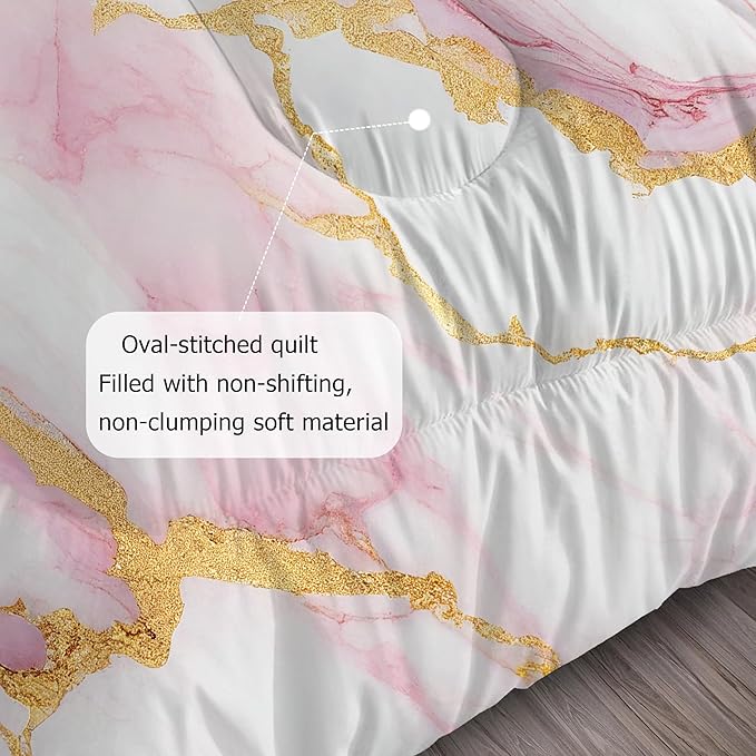Girls Comforter Set Twin: Pink Marble Twin Bedding Sets for Teen Girls Tween Kids Pink and Gold Glitter Abstract Marbling Pastel Quilt Bed Set 1 Comforter & 1 Pillow Case