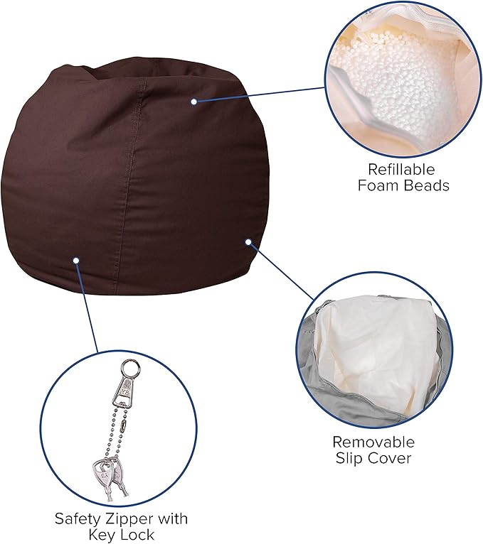 EMMA + OLIVER Small Solid Brown Bean Bag Chair for Kids and Teens
