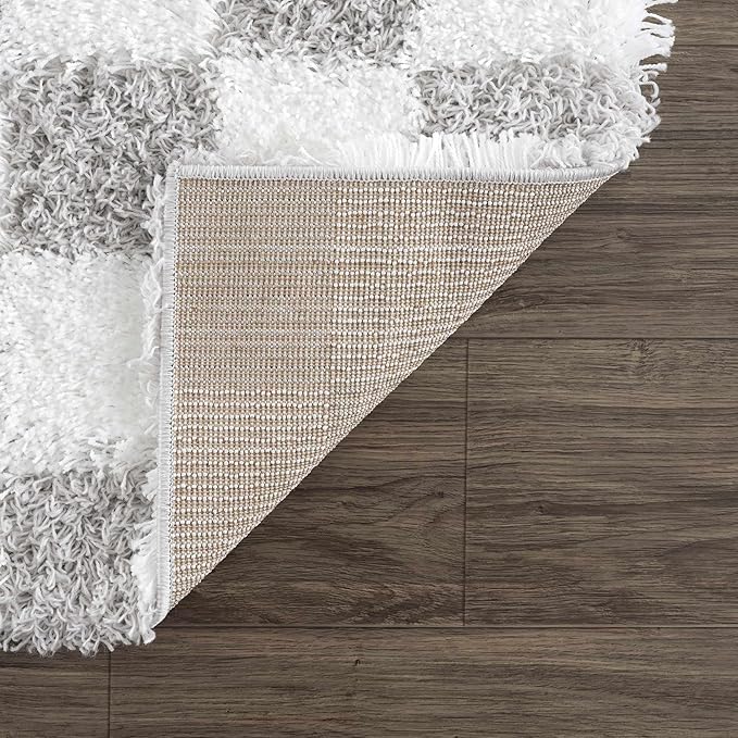 Hauteloom Atira Contemporary Checkered Fluffy Shag Area Rug - Modern Geometric Carpet Tiles for Living Room, Kids Room, Nursery - Plush Pile - Light Gray, Cream - 8'10" x 12'