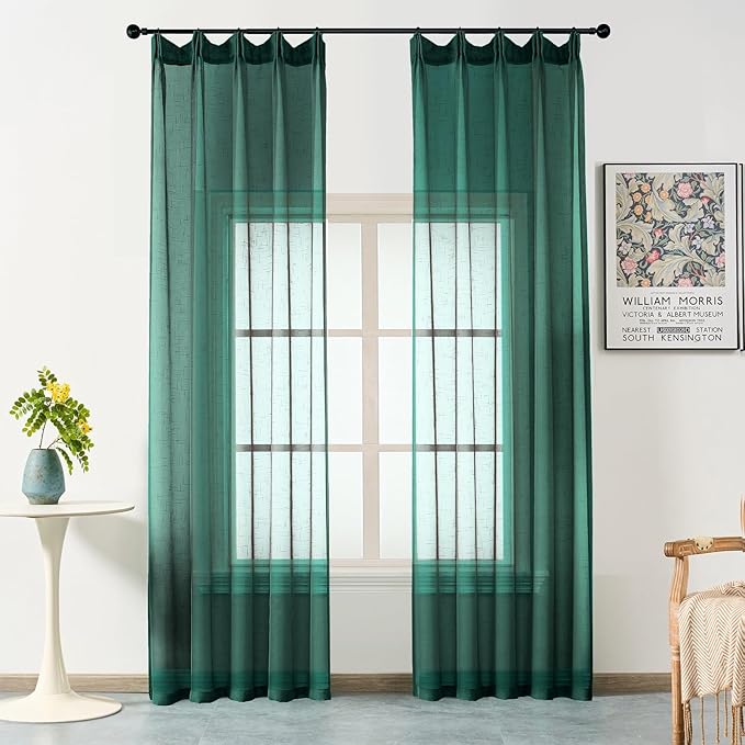 Emerald Green Curtains Sheer 108 Inch Long, Dark Linen Look Textured Light Filtering Drapes, Hunter Green Transparent Window Decor, Floor to Ceiling Pinch Pleat Curtain with Hooks