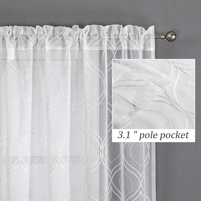 VISIONTEX White Sheer Curtains 84 Inches Long 2 Panels Set Moroccan Embroidered Curtains Trellis Decor French Textured Rod Pocket Voile Tulle Semi Window Drapes for Bedroom Living Room 54 x 84 Inches
