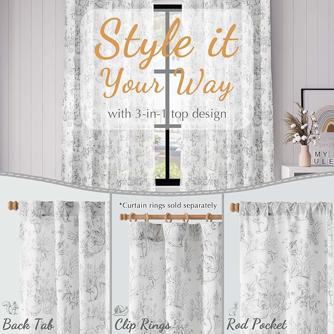 jinchan Linen Nursery Curtains 96 inch Long Woodland Wildlife Grey Print Drapes for Kid's Room Light Filtering French Country Farmhouse Gray Curtains with Bunny and Forest Design Set of 2 Panels