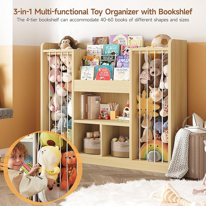 ONBRILL Two Wooden Stuffed Animal Storage, Toddler Toy Storage Organizer with 4-Tier Kids Bookshelf and 3 Open Cube Shlef, Multifunctional Bookcase for Kids Rooms Playroom Nursery