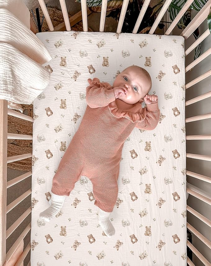 Mini Crib Sheets for Baby Boy Girl 2 Pack, Neutral Mini Crib Mattress Sheet 24" x 38", Muslin Nursery Bedding Soft and Breathable Comfort (Teddy & Friends)