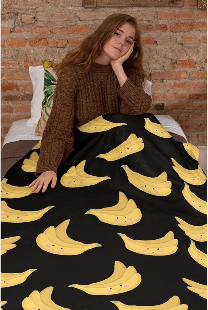Thuswarm Cute Banana Kawaii Black Flannel Throw Blanket Warm Cozy Soft Funny Print Blankets for Bed Couch Sofa Room Decoration Gifts 80”×60” Large for Adult
