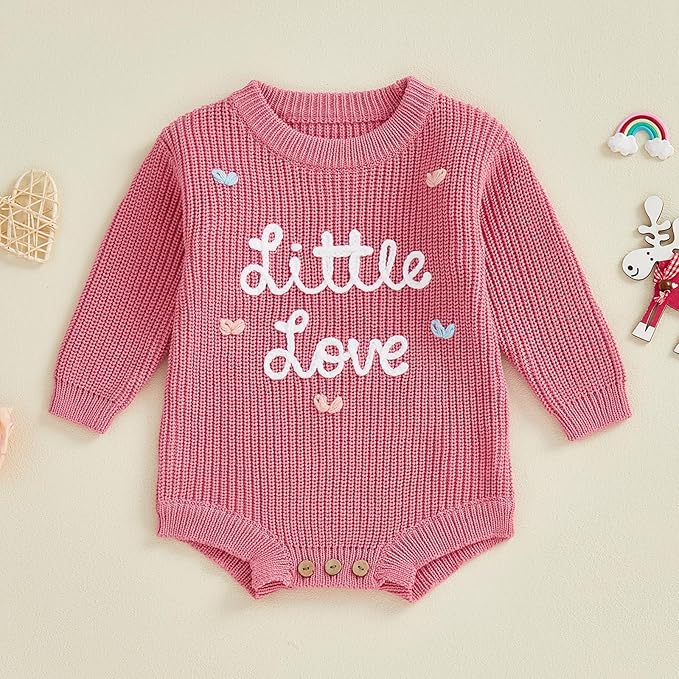 Lesimsam Newborn Baby Boy Girl Valentines Day Outfit Oversized Embroidery Long Sleeve Knit Sweater Bubble Romper Bodysuit