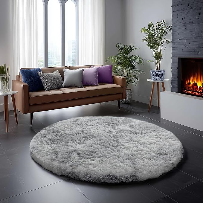 Amdrebio Tie-Dyed Light Grey Round Area Rugs for Living Room, 7x7 Large Soft Circle Rugs for Bedroom, Fluffy Shag Carpet for Kids Room, Big Modern Floor Circular Shaggy Farmhouse Rug