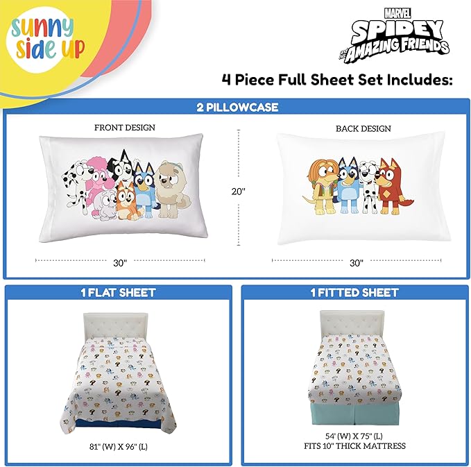 Sunny Side Up Bluey & Friends Full Sheet Set - 4 Piece Kids Bedding Set Includes Pillow Cover - Super Soft Microfiber Sheets