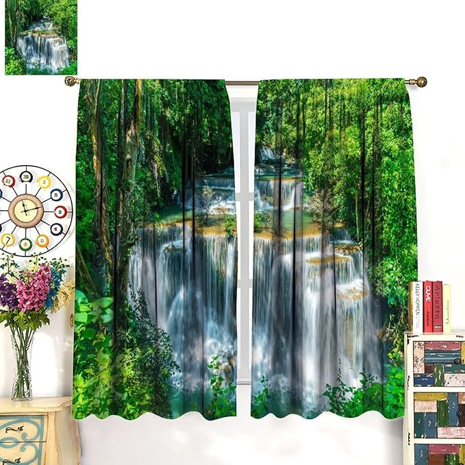 Scenic Nature Blackout Curtains, Natural Falls Landscape Forest Tree Waterfall Scenery Window Drapes, for Bedroom Living Room 63" W X 63" L