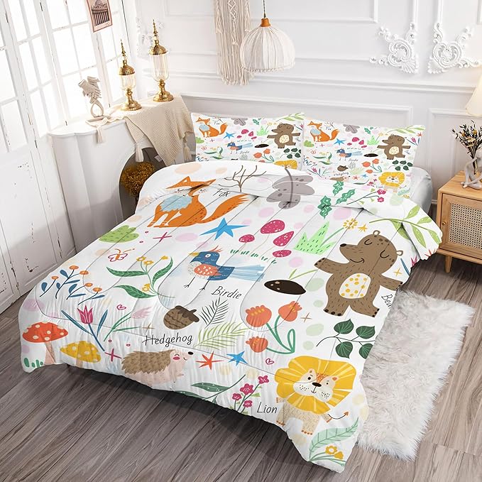 Kids Comforter Set Full: Cute Safari Woodland Bedding Set Cartoon Forest Animals Quilt for Boys Girls Teens Zoo Animal Fox Bear Lion Jungle 3 Piece Duvet Bed Sets