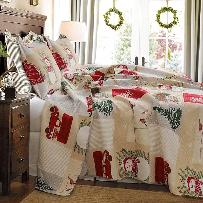 Christmas Quilt Set - Twin Size Plaid Patchwork Lightweight Quilt Set Bedding Reversible Xmas Home Decor Holiday Quilt Bedding Lodge Snowman Theme
