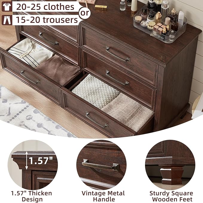 Farmhouse Bedroom Dresser and Nightstand Set of 4, 6 Drawer Tall & Low Dresser & 2 Drawer Nightstand Set, Rustic Wood Furniture Set for Bedroom, Hallway, Walnut