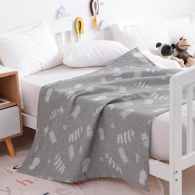 NTBAY 3 Layer Toddler Blanket, Muslin Cotton Jacquard Bed Blankets, Lightweight Thermal Baby Blanket, Super Soft and Warm Crib Blanket for All Seasons, Decoration Gift, 30"x40", Grey Pineapple