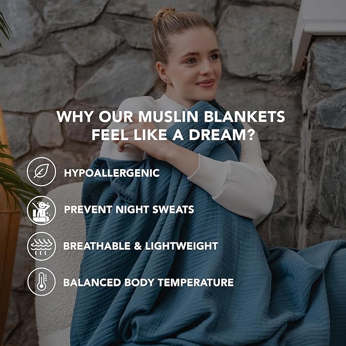Goqan Muslin Blanket Queen 79x90 – 100% Cotton 4 Layer Boho Muslin Blanket for Adults, Lightweight, Soft, Breathable for Bed - Teal