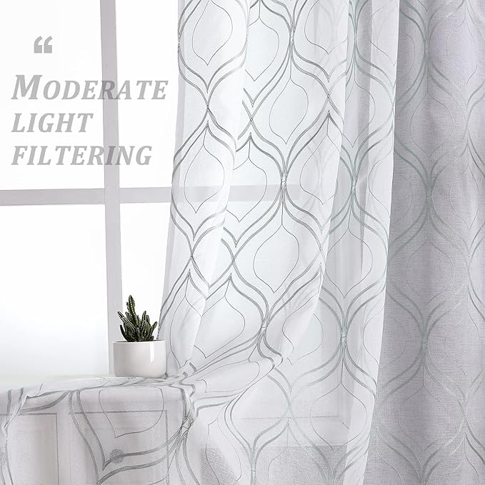 VISIONTEX White Sheer Curtains 63 Inch Length 2 Panels Set Green Moroccan Embroidered Curtains Trellis French Textured Rod Pocket Voile Tulle Semi Window Drapes for Bedroom Living Room 54 x 63 Inches