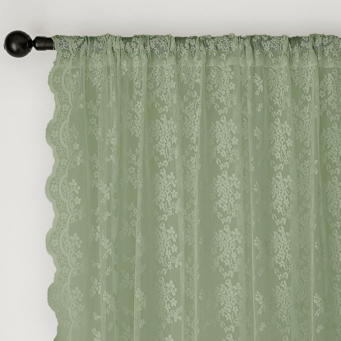 Anmao Vintage Sage Green Lace Curtains 102 Inches Long 2 Panels, Romantic Light Filtering Semi Sheer Floral Thick Lacy Curtain Drapes for Living Room and Bedroom, Each Panel 55W x 102L, Sage Green