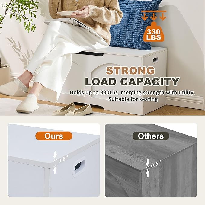 39.4" Storage Chest, Wooden Storage Bench Trunk, Upgraded Safety Lift Support Hinge, Large Entryway Bench Box, Supports 330 lb U-Shaped Opening for Entryway, Hallway, Living Room, Ivory White