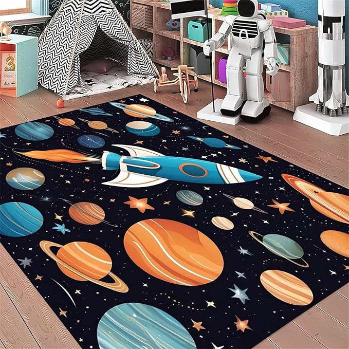 5x8ft Large Space Themed Area Rug - Cartoon Space Solar System Planets Area Rugs, Soft Non-Slip, Machine Washable Polyester Mats, Perfect for Kids Room, Playroom and Nursery, Space Room Decor