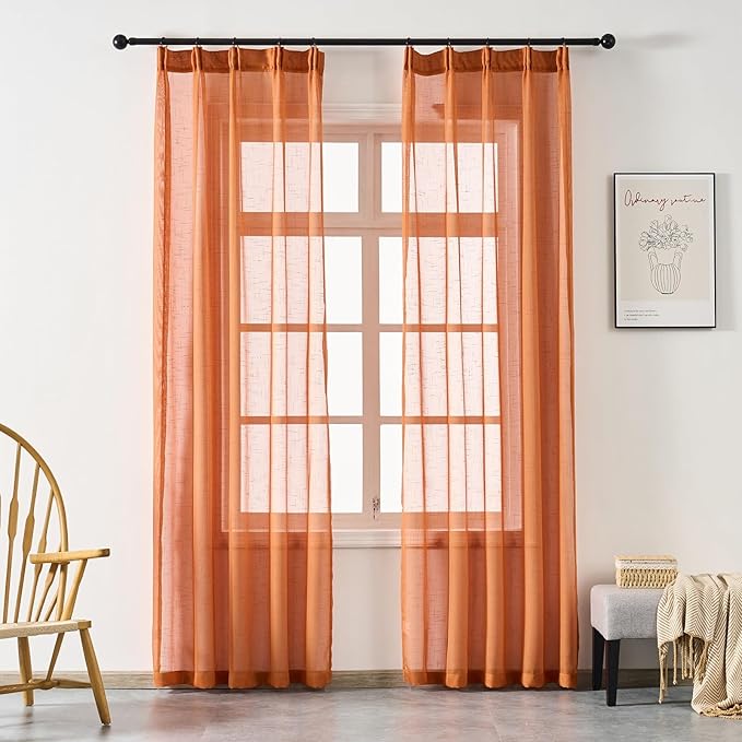 Burnt Orange Curtains Sheer 96 Inches Long, Rustic Linen Look Textured Light Filtering Drapes Decor, Western Boho Transparent Window Treatments, Pinch Pleat Curtain with Hooks