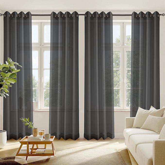 RYB HOME Black Sheer Curtains, Light Filtering Extra Long Grommet Top Elegant Window Panels, Airy & Breathable Voile Sheer Drapes for Large Window, Living Room, Bedroom, 54W by 96L, Set of 4