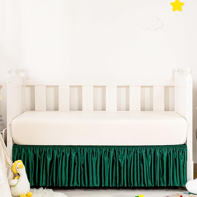 Blackish Green Satin Crib Bed Skirt, 52" x 28" with 14" Drop Silky Soft Baby Crib Skirt for Baby Girls or Boys, Fit for Standard Crib & Toddler Bedding