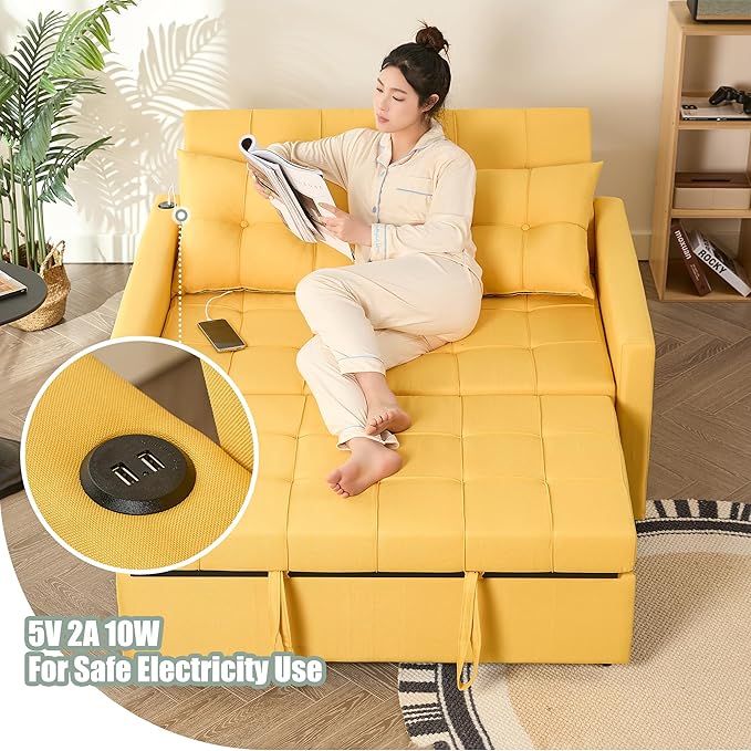 52" Sleeper Sofa with Pull-Out Bed, 3-in-1 Convertible Sofa Bed, Loveseat with Stepless Adjustable Backrest and Side Pocket, for Living Room Dorm Apartment, Linen, Yellow