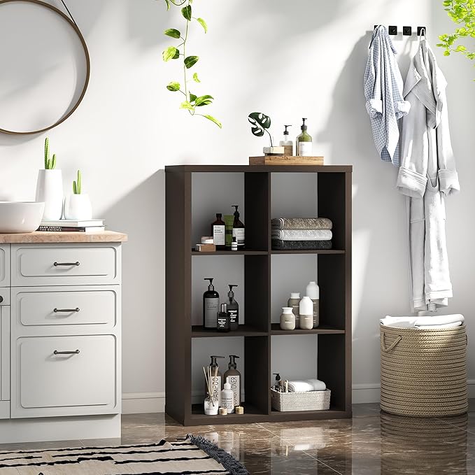 14.6 * 43.8 * 30.7 inches Engineered Wood 6 Cube Organizer, Black Cube Shelf with 6 Cube Storage, Cube Closet Organizer for Bedroom, Bathroom, Office, Dark Brown