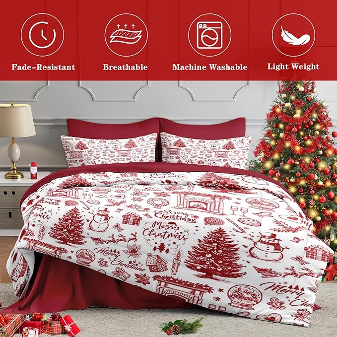 5 Pcs Twin Size Christmas Comforter Set with Pillowcase & Sham, Happy Xmas Red Pine Tree Bedding for Kids and Adults, Merry Winter Bed in a Bag with Flat Fitted Sheet