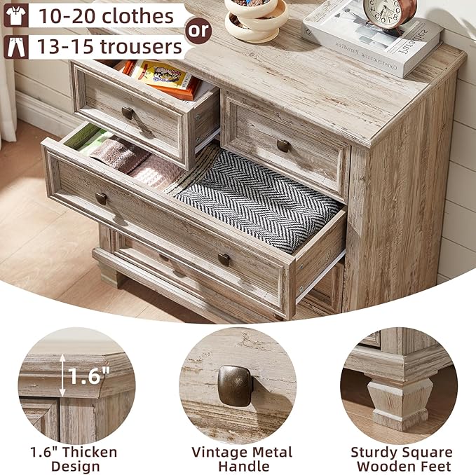 Farmhouse Bedroom Dresser and Nightstand Set of 4, 6 Drawer Low & 5 Drawers Dresser & 3 Drawer Nightstand Set with Wooden Legs, Rustic Wood Furniture for Bedroom, Hallway, Grey