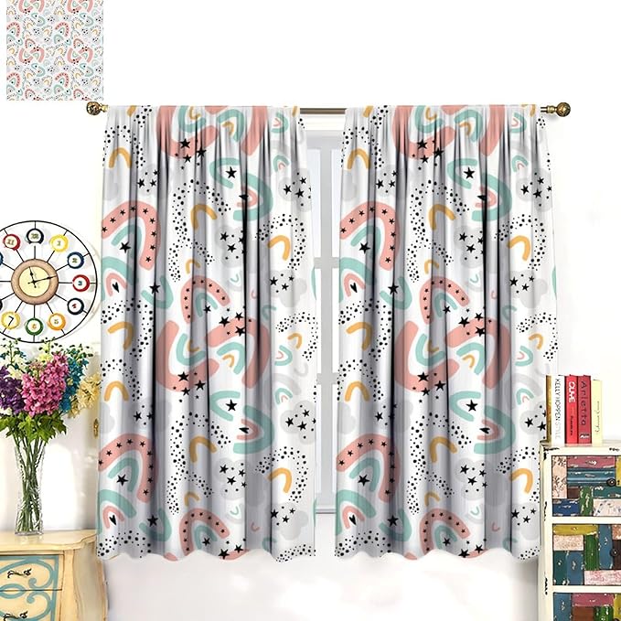 Boho Rainbow Curtains for Kids Nursery Colorful Floral Sun Star Clouds Pastel Bohemian Pattern Print Window Drapes for Girl Bedroom Living Room Kitchen Decor,2 Panel Set,52Wx84H Inch Blackout
