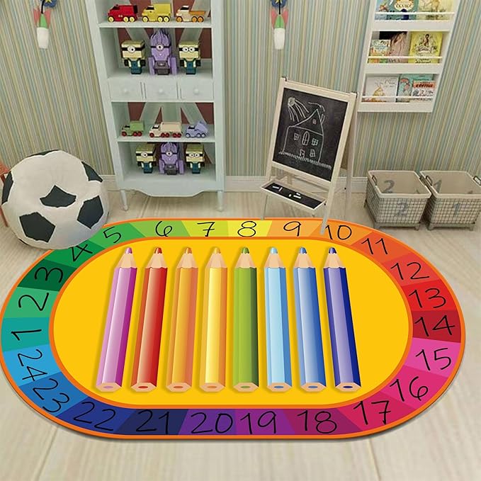 Colorful Kids Oval Rug, 3x5ft, Early Learning Education Play Mat for Learning Numbers, Soft Non-Slip Pens Design Rugs for Boys Girls Room Playroom Classroom Nursery Room