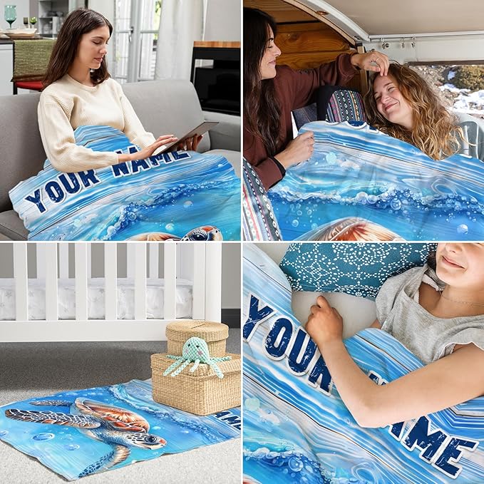 Personalized Sea Turtle Throw Blanket - 40" x 50" Inches Cartoon Blanket Gifts for Girls Boys - Blue Soft Cozy Throws for Sofa, Crib & Bed