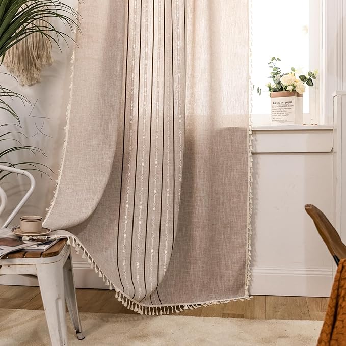 Deeprove Boho Style Curtains 96 inches Long, Vintage Bohemian Embroidery Striped Farmhouse Cotton Linen Fringe Window Treatments Bedroom Living Room Nursery, W52 x L96, 1 Panel Khaki and Brown