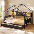 Hasuit Corner Twin House Bed Frame with Storage Drawers & Bookcase, House Shaped Metal Beds with Charging Station & LED Light, Corner Bed with Upholstered Headboard, Twin Size Bed for Kid Teens, Black