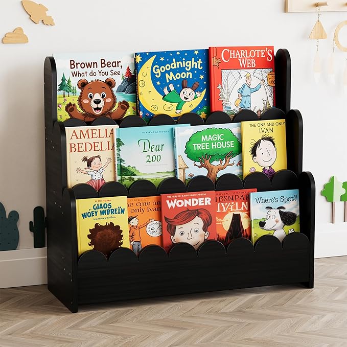 SpaceAid 3-Tier Scalloped Bookshelf, Montessori Bookcase for Toddlers, Wooden Book Shelf Organizer Display Furniture for Kids Rooms, Playroom, Nursery and Classroom, Black